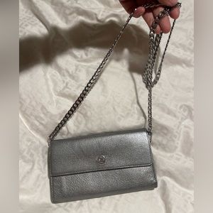 Chanel Authentic Silver trifold Leather Wallet with unbranded crossbody chain